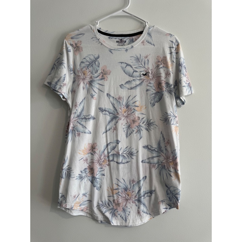 Hollister Curved Hem Tee Mens Small White cotton Tropical Floral Print‎ Aloha